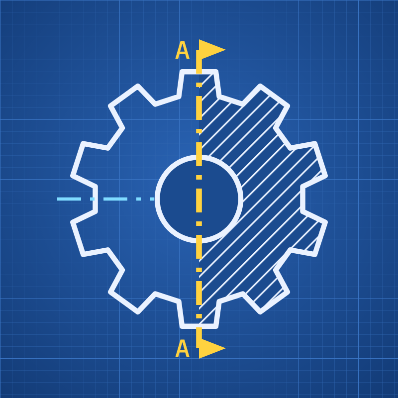 Halfcut Lab blueprint: a gear divided by a yellow section line, with the cut half hatched in white.